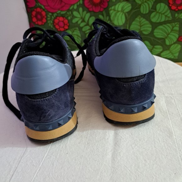 VALENTINO GARAVANI Rockstud Leather, Suede And Denim Sneakers In Navy - Picture 4 of 6